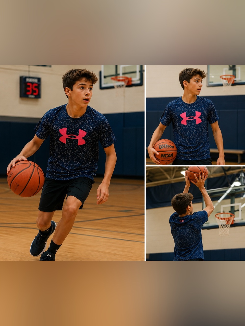 Under Armour Boys Youth Large Navy Speckled Performance Shirt Pink Logo YL
